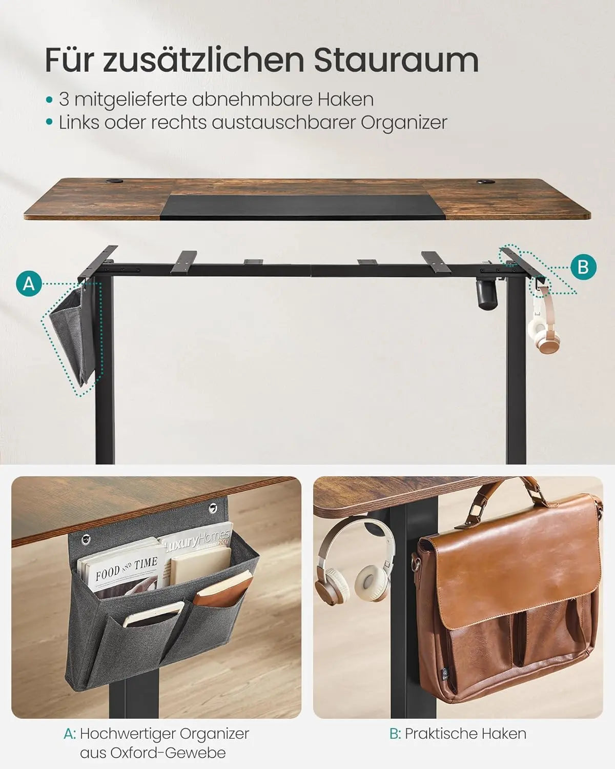 Schreibtisch elektrisch höhenverstellbar mit Memory-Funktion 120 cm vintagebraun von Songmics