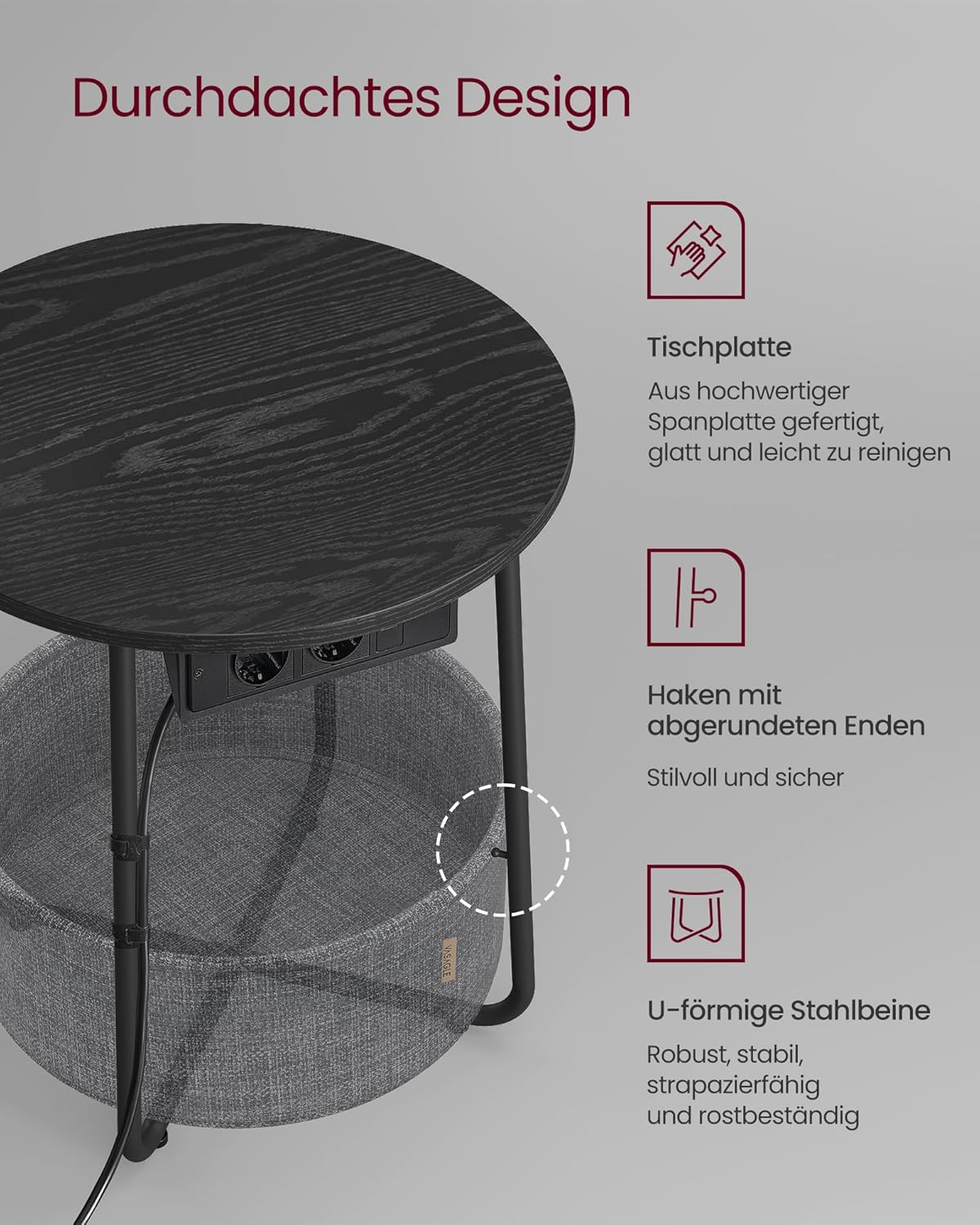 Beistelltisch mit Steckdose, Stauraum, schiefergrau von Songmics