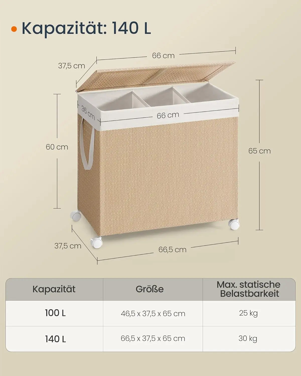Wäschekorb Rattan-Optik 3 Fächer Naturbeige von Songmics