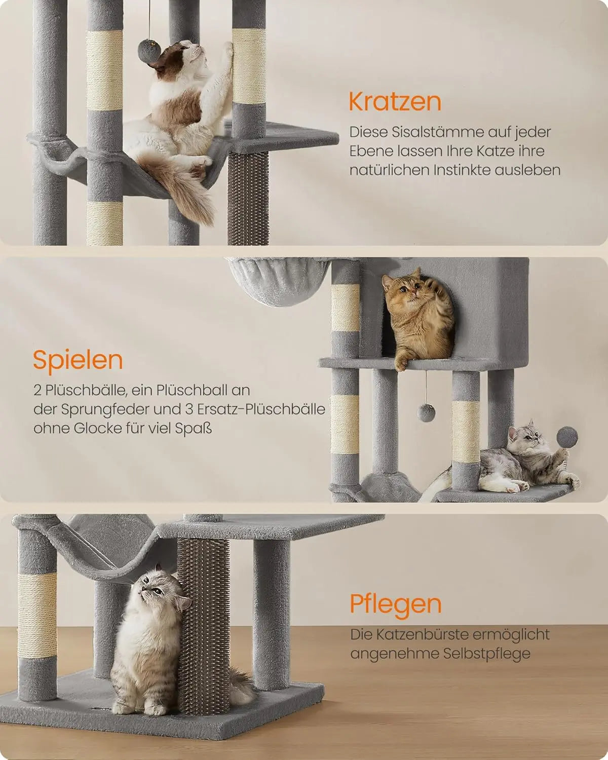 Kratzbaum XL mehrstöckig mit Höhlen Taubengrau von Songmics