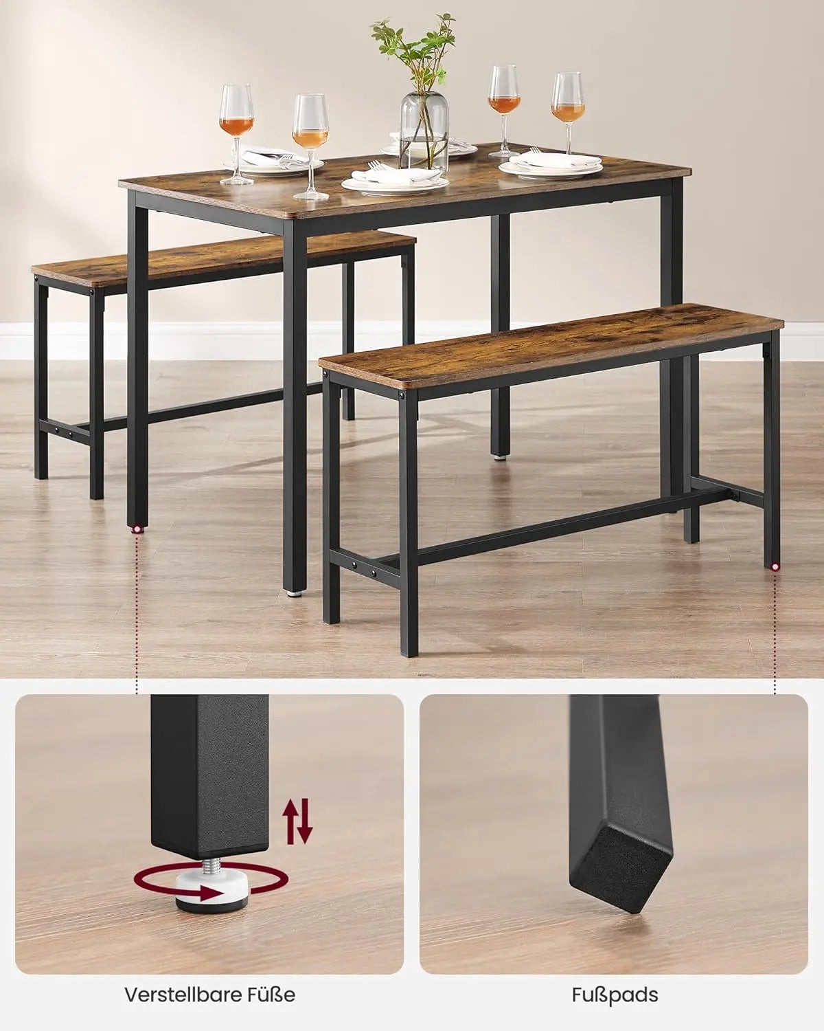 Esstisch-Set 3-teilig vintagebraun Stahl von Songmics