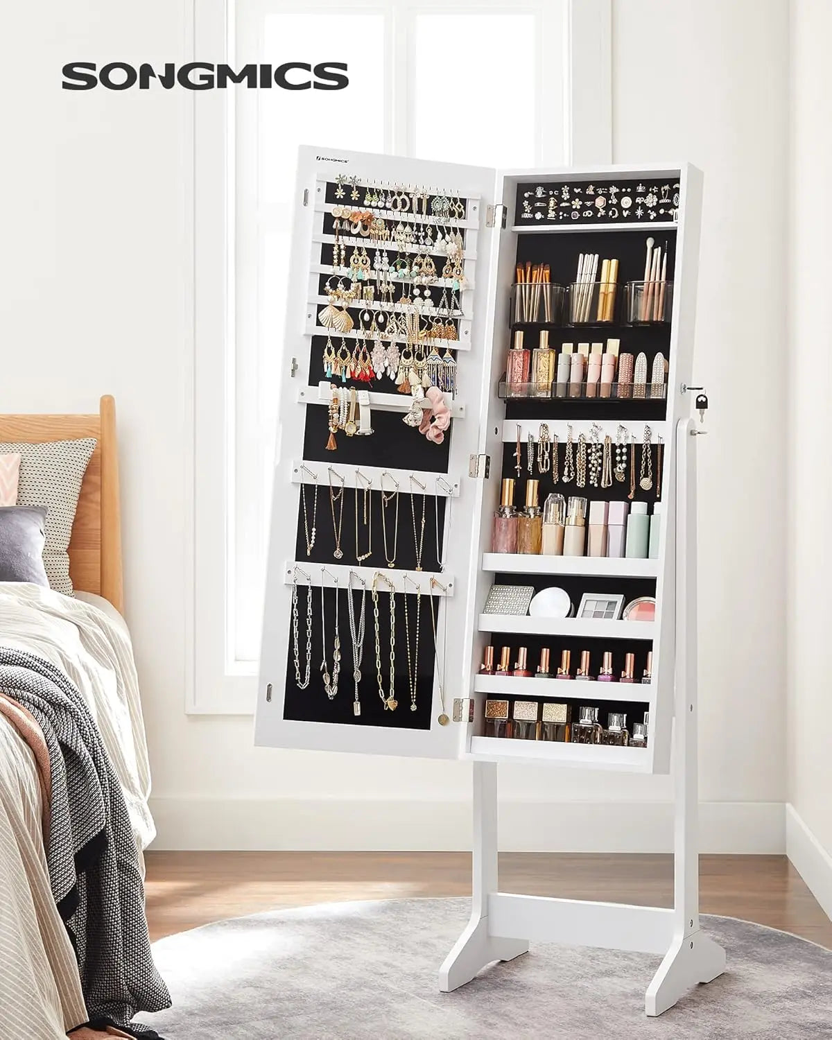 Schmuckschrank Spiegelschrank Stehend Make-up Organizer Weiss von Songmics