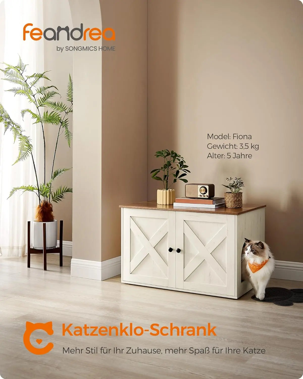 Katzenhaus Schrank Tisch herausnehmbar honigbraun vintageweiss von Songmics