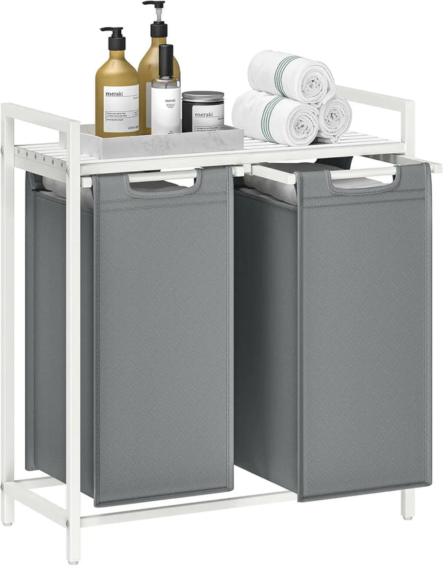 Wäschekorb mit 2 Fächern und Ablage, schiefergrau-mattweiss von Songmics