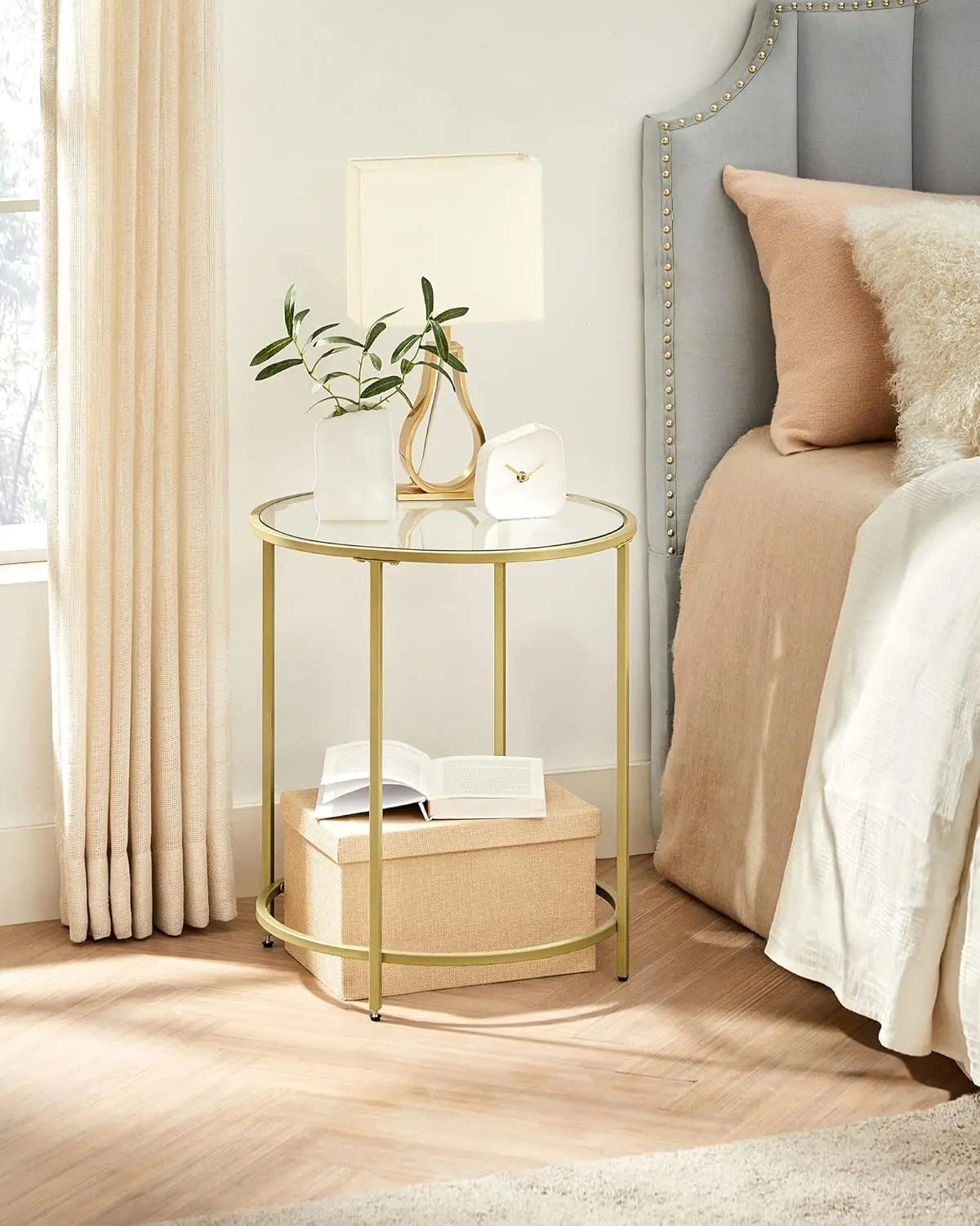 Beistelltisch rund Hartglas Metallgestell Gold von Songmics