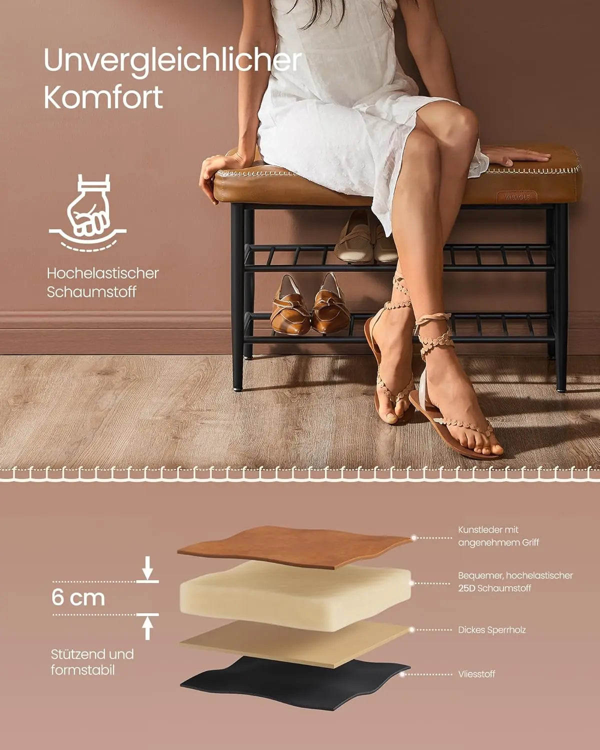 Schuhbank Mid-Century-Modern Kunstleder Karamellbraun von Songmics