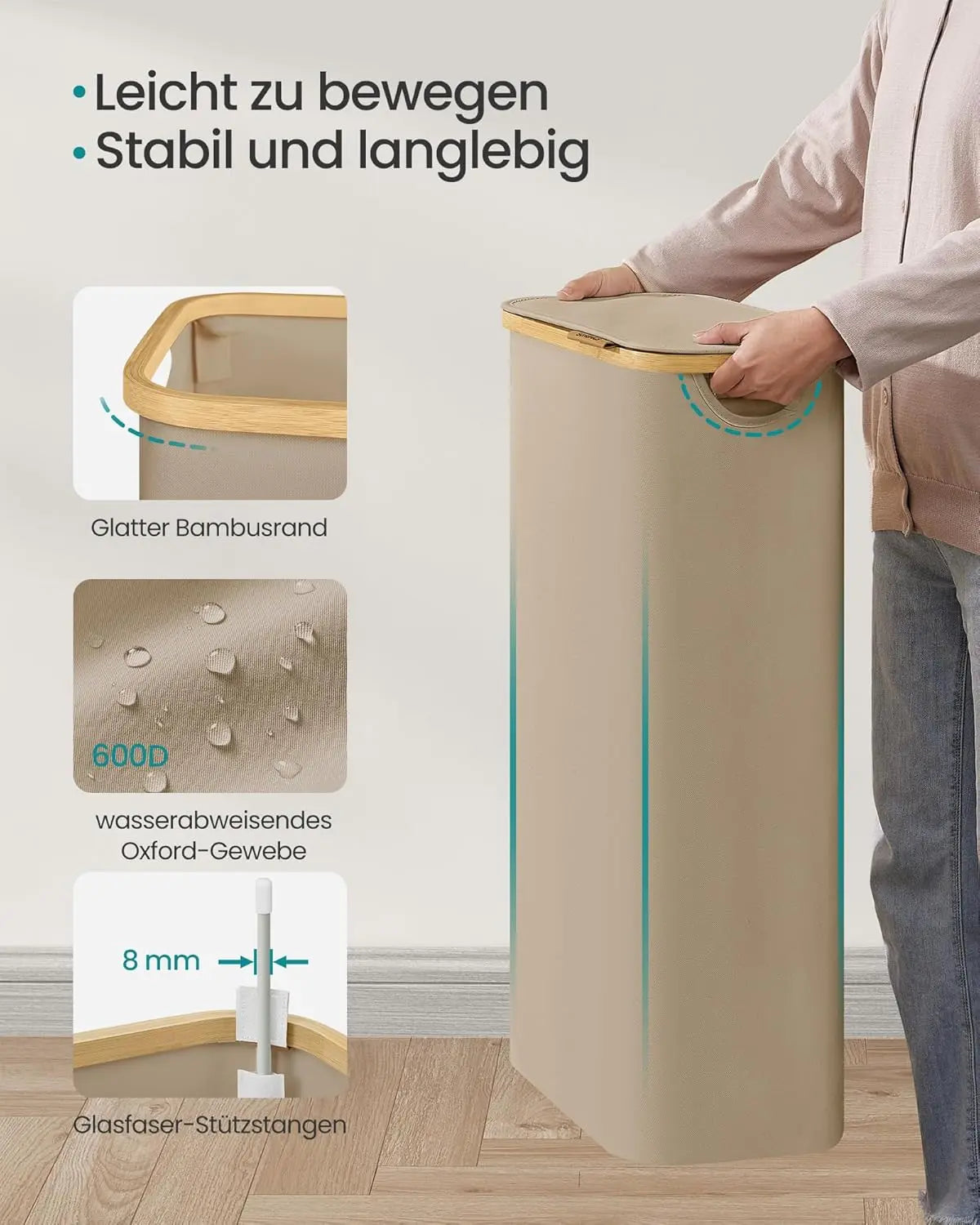Wäschekorb 65L Bambus kamelbraun Oxford von Songmics