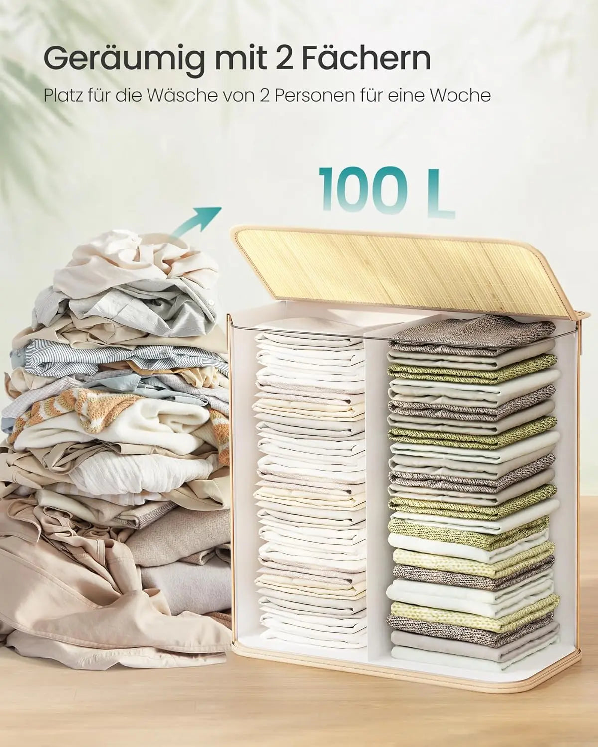Wäschekorb 100L Bambus 2-Fächer naturfarben von Songmics