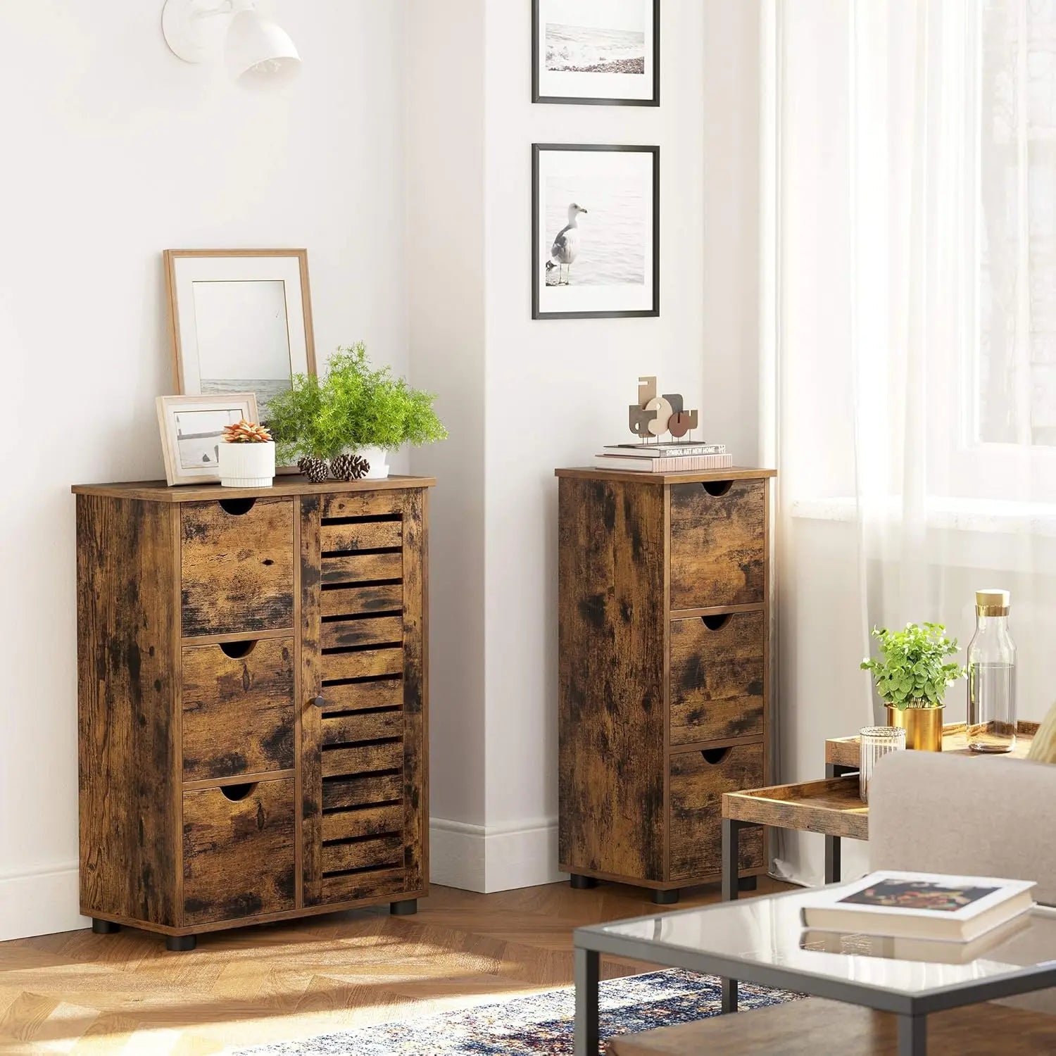 Badezimmerschrank mit Schubladen und Tür vintagebraun von Songmics