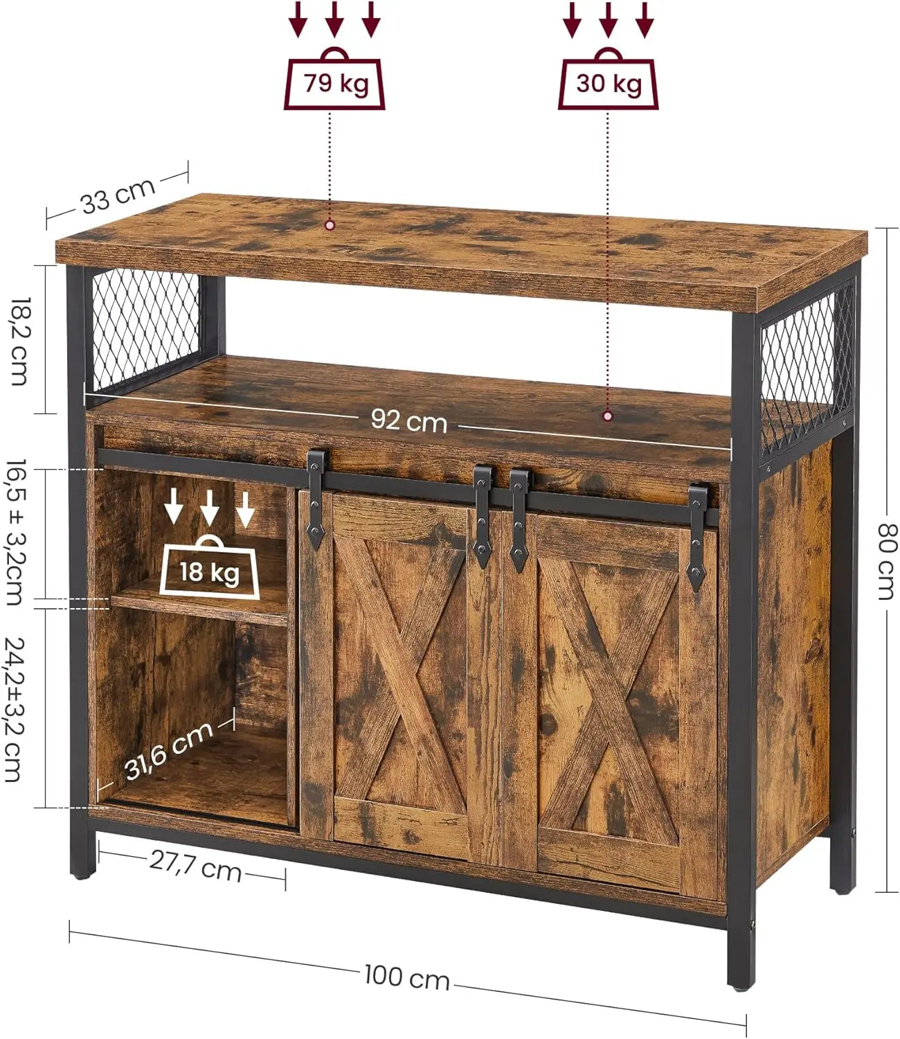 Sideboard Landhausstil Schiebetüren Verstellbare Ablagen Vintagebraun von Songmics