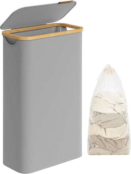 Wäschekorb zusammenklappbar mit Bambusgriffen taubengrau von Songmics
