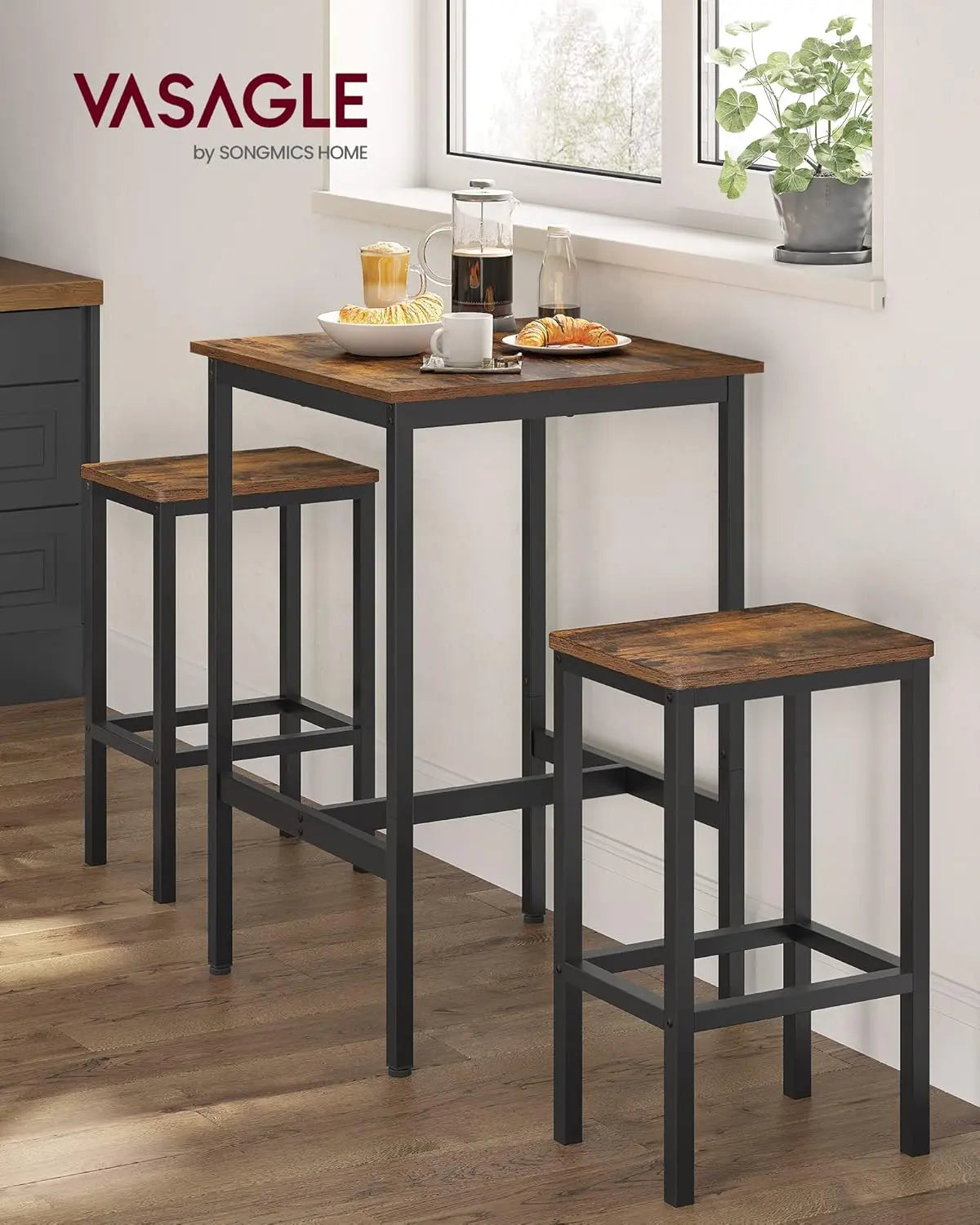 Bartisch-Set mit Barhockern, vintagebraun-tintenschwarz von Songmics