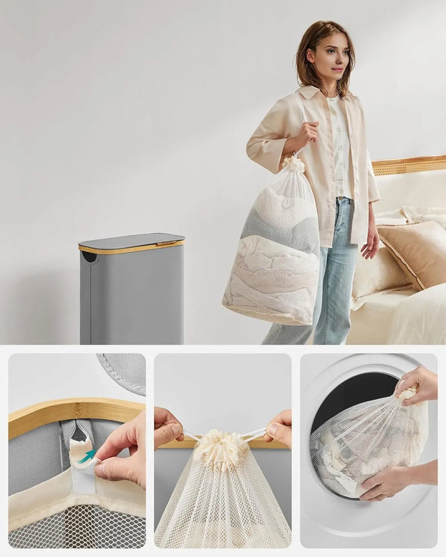 Wäschekorb zusammenklappbar mit Bambusgriffen taubengrau von Songmics