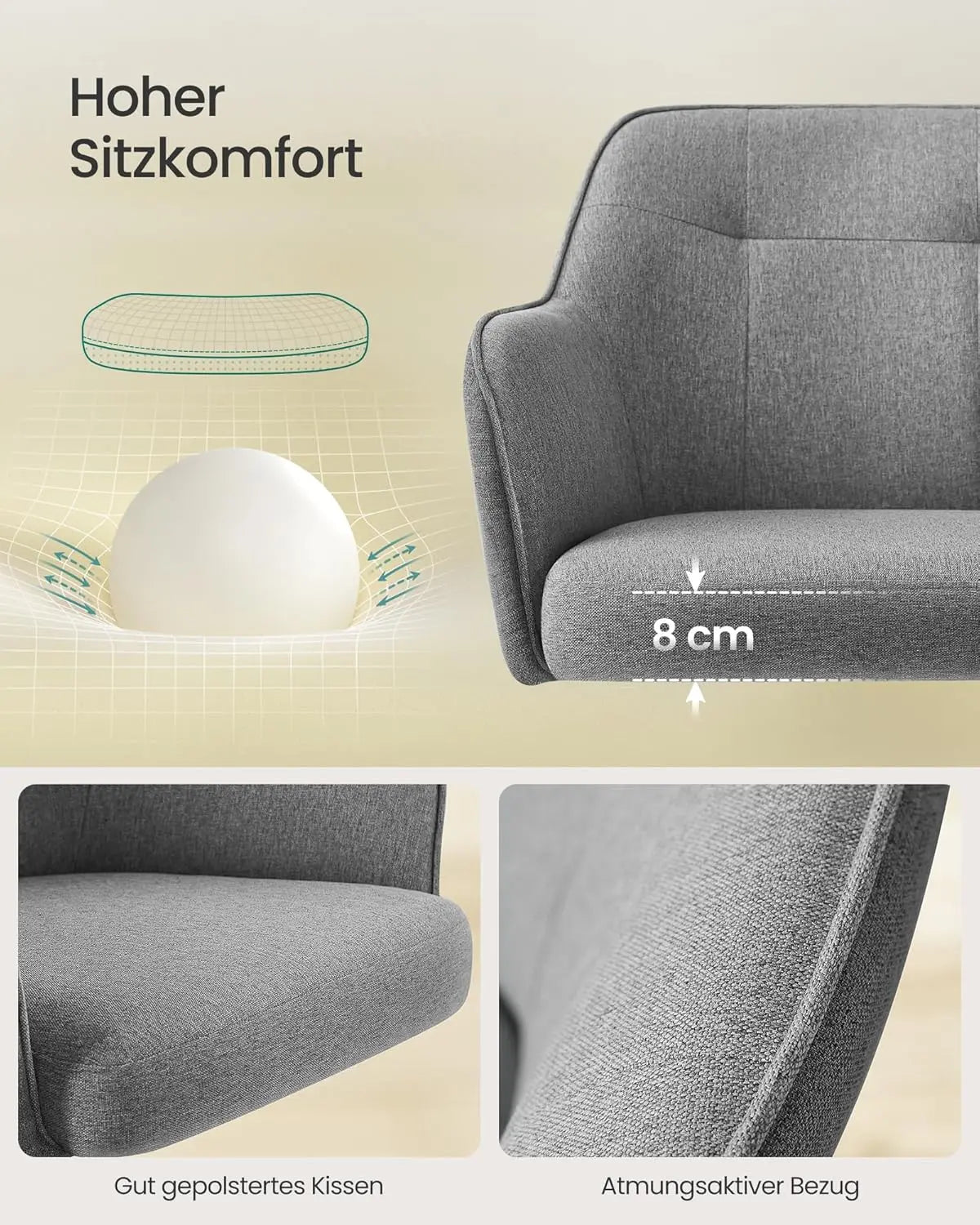 Drehstuhl höhenverstellbar atmungsaktiv grau Stoff von Songmics