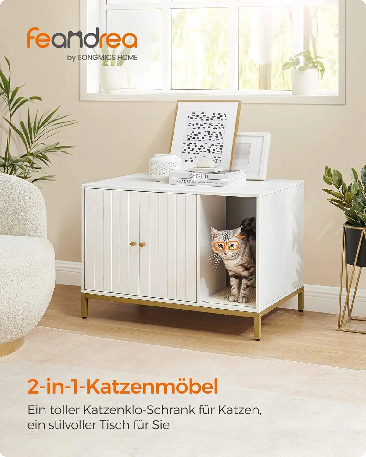 Katzenklo-Schrank mit Kratzmatte weiss-gold von Songmics