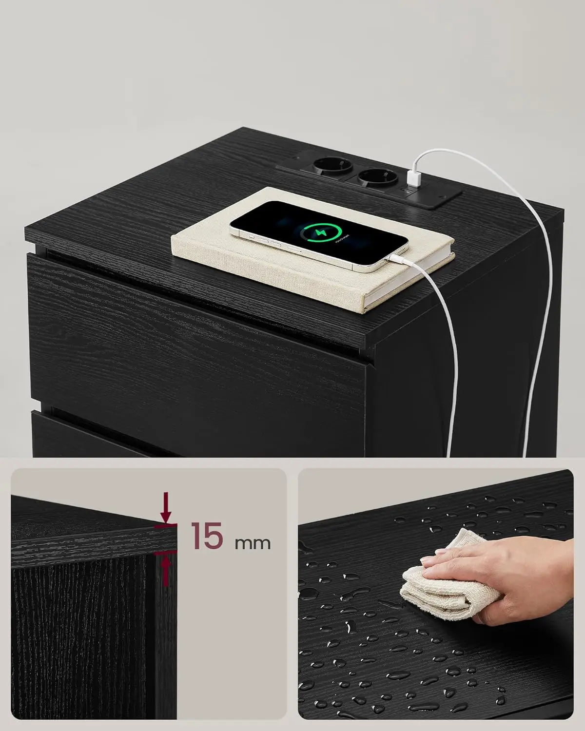 Nachttisch-Set 2 Stück USB Schwarz Holz von Songmics