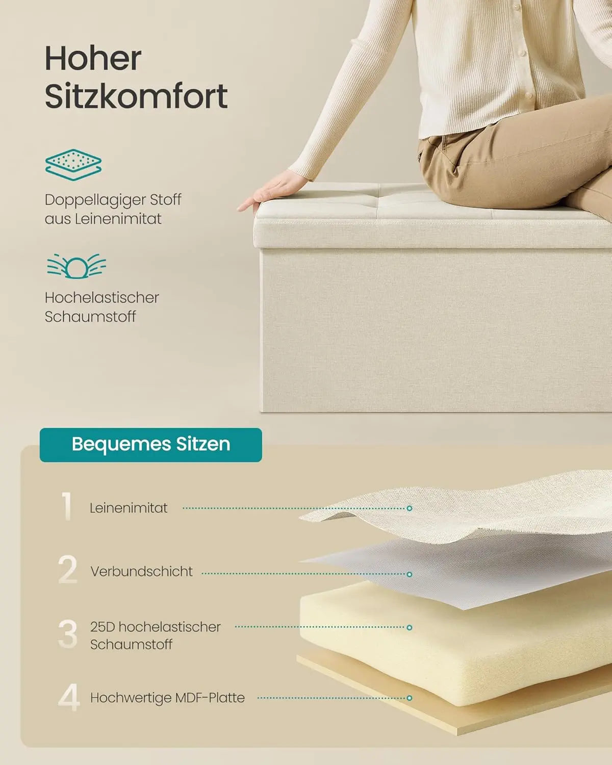 Sitzbank klappbar Stauraum cremeweiss Leinen von Songmics