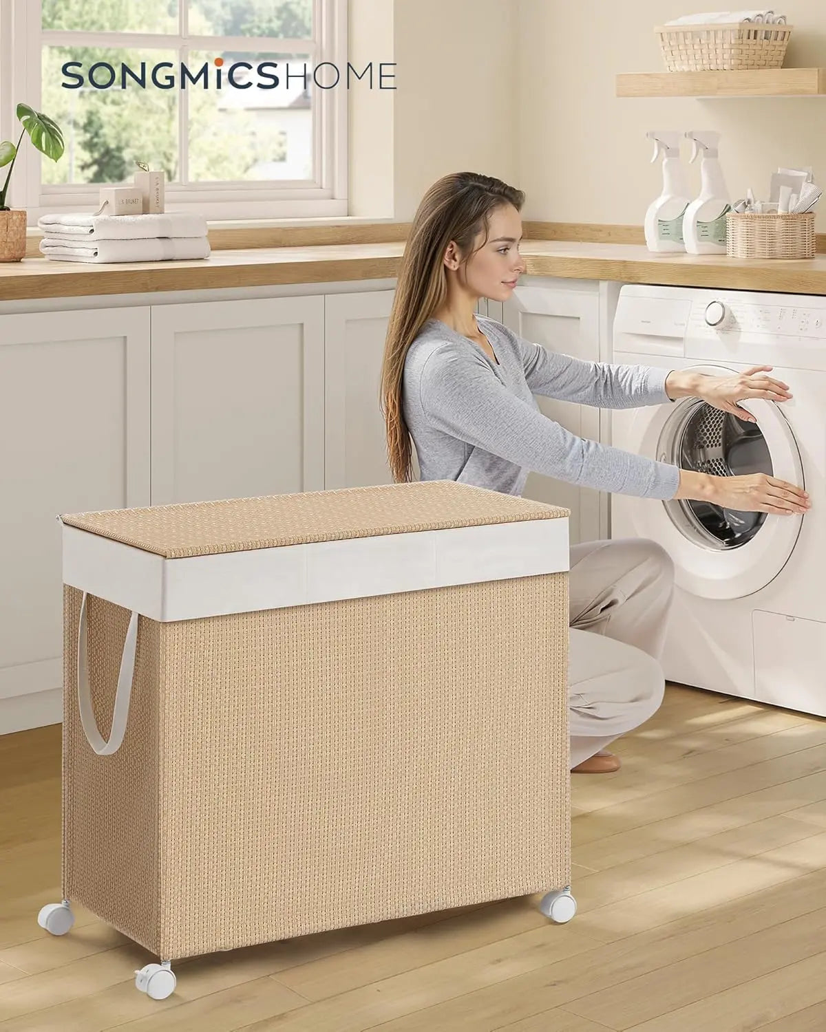 Wäschekorb Rattan-Optik 3 Fächer Naturbeige von Songmics