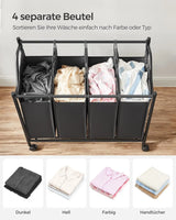 Wäschekorb mit Rollen, 4 Fächer, schwarz von Songmics