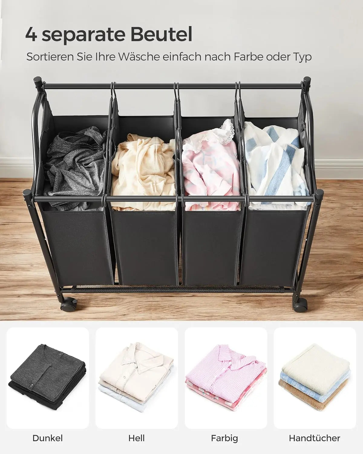 Wäschekorb mit Rollen, 4 Fächer, schwarz von Songmics