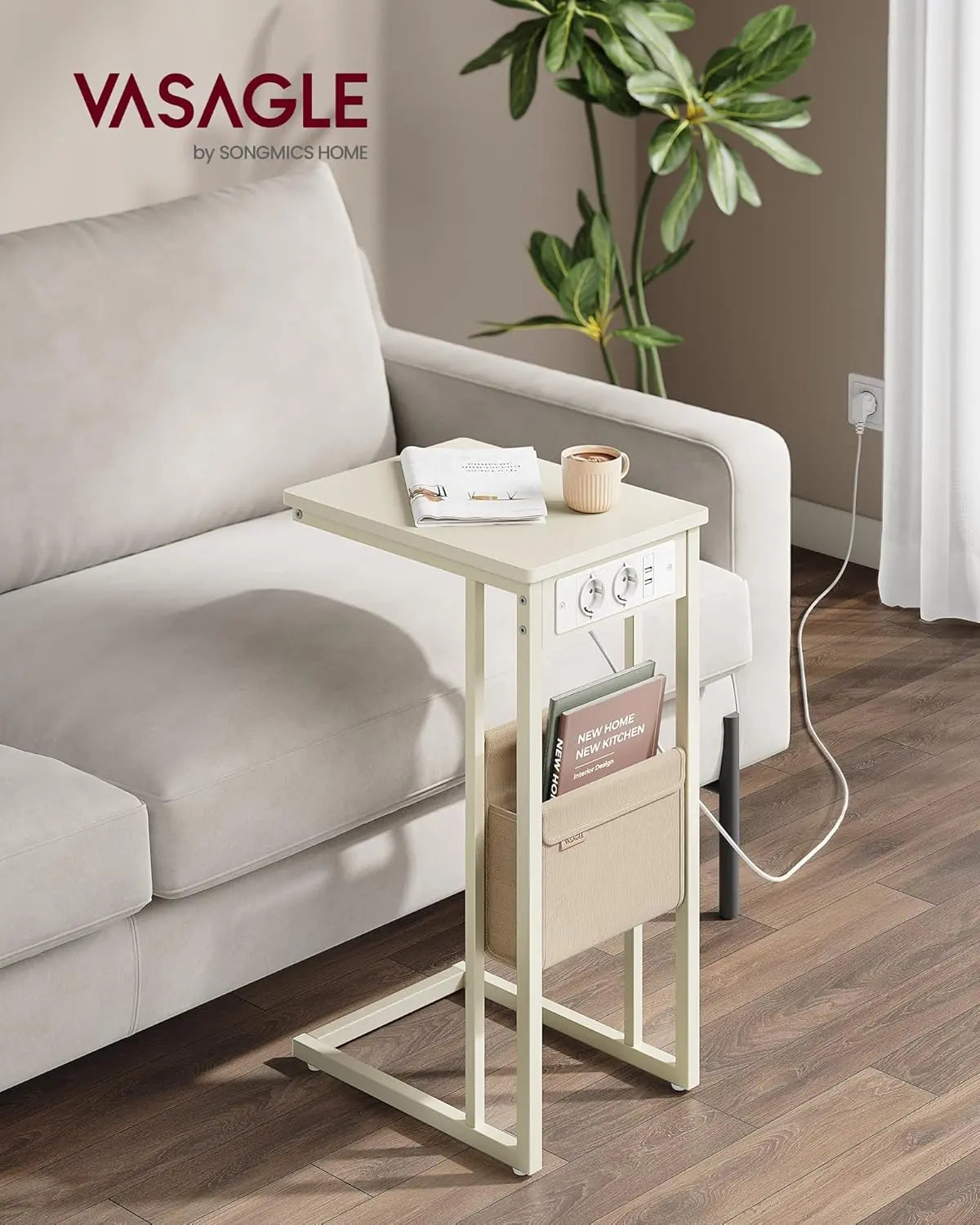 Beistelltisch mit Ladestation USB Cremeweiss von Songmics
