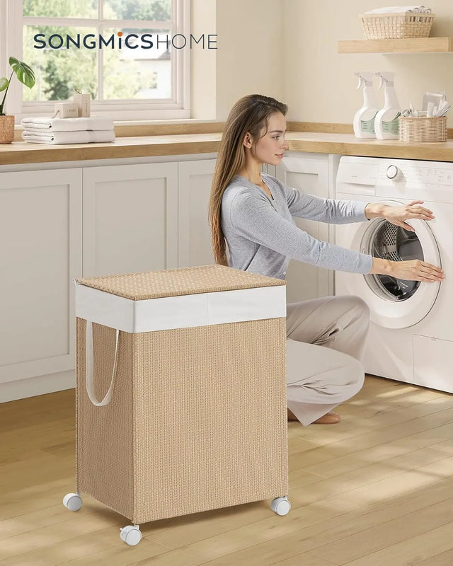 Wäschekorb Rattan-Optik mit Deckel naturbeige von Songmics