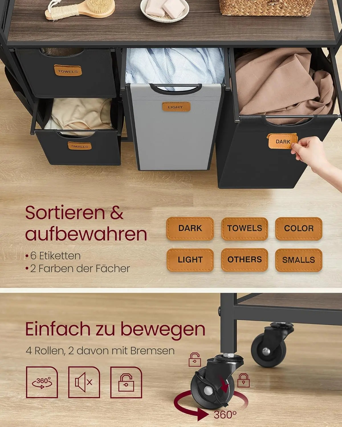 Wäschekorb, Wäscheregal mit Rollen und Ablage kastanienbraun von Songmics
