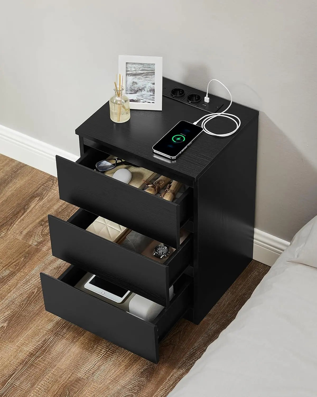 Nachttisch-Set 2 Stück USB Schwarz Holz von Songmics