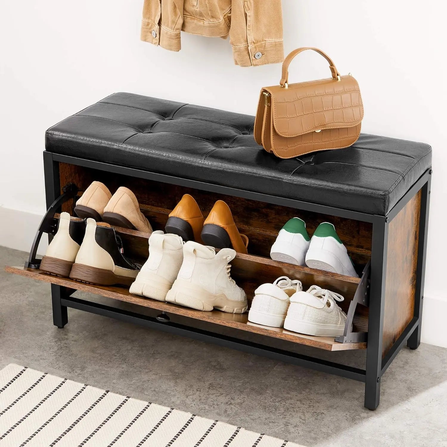 Schuhbank Industrie-Design mit Klappe vintagebraun von Songmics