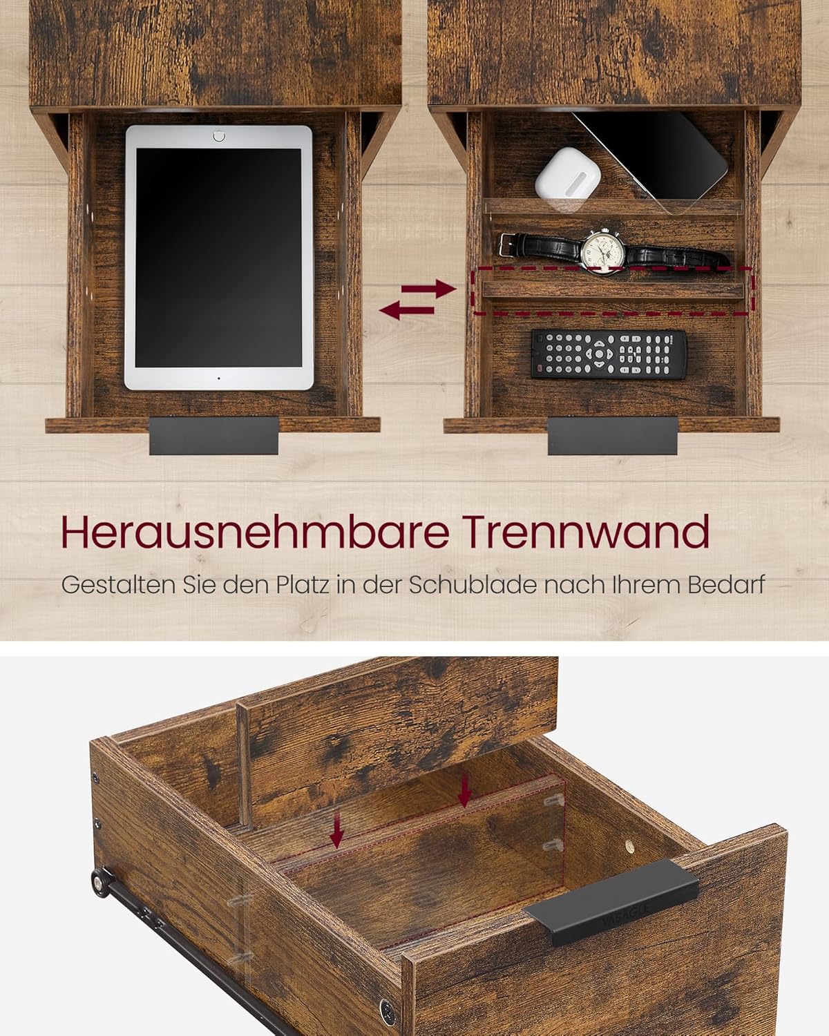 Beistelltisch mit Steckdosenleiste Vintagebraun-Schwarz von Songmics