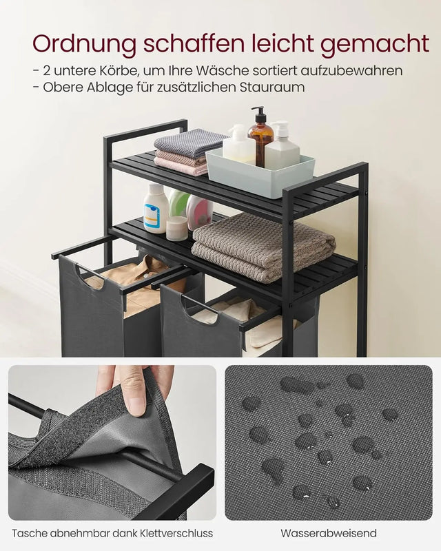 Wäschekorb mit 2 Fächern und 2 Ablagen, schwarz-grau von Songmics