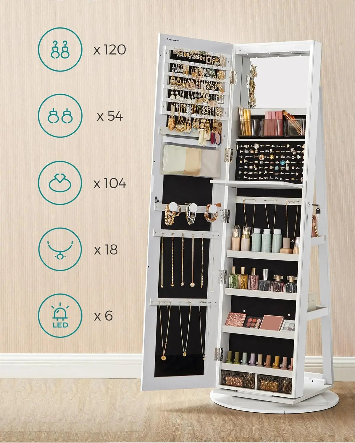 Schmuckschrank abschließbar 360° drehbar weiss von Songmics