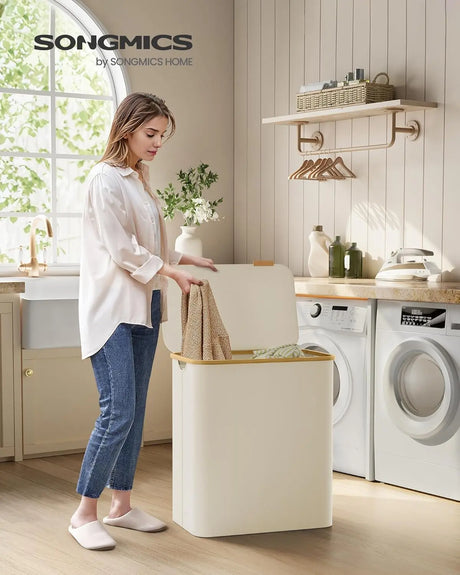 Wäschekorb mit Deckel 3 Fächer Cremeweiss von Songmics