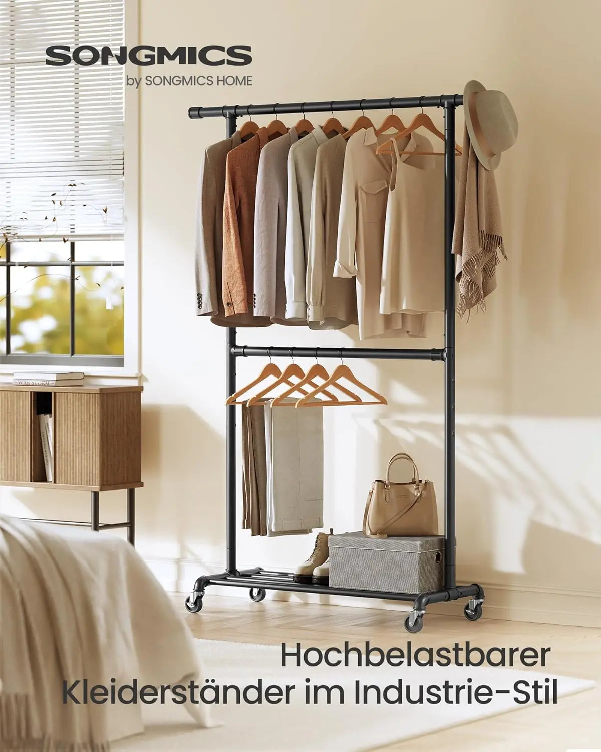 Kleiderständer Metall Industriedesign Rollen Schwarz von Songmics