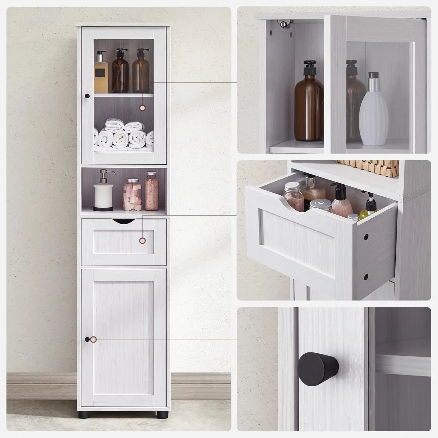 Badezimmerschrank Hochschrank Glastür Ahornweiss von Songmics