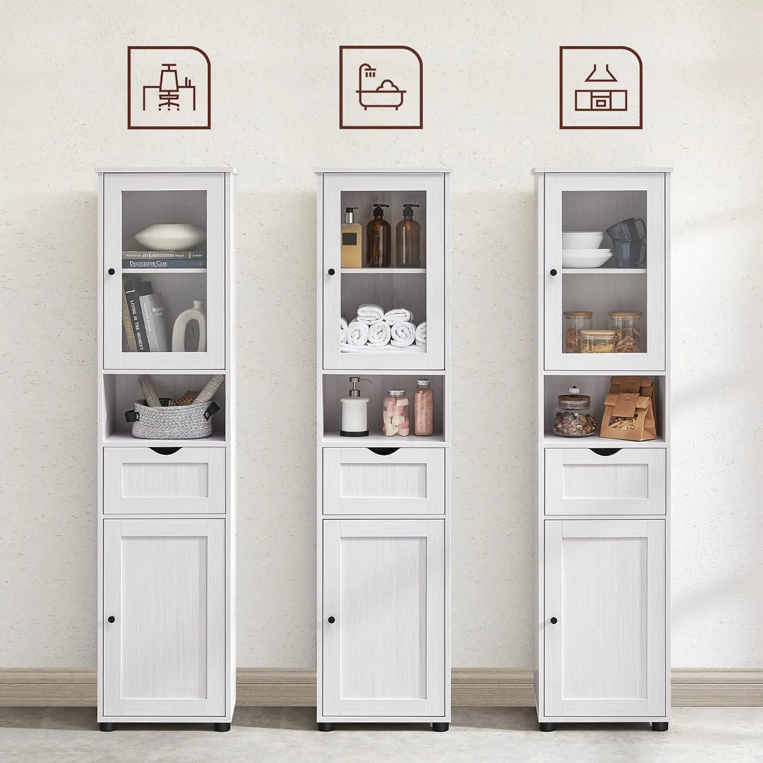 Badezimmerschrank Hochschrank Glastür Ahornweiss von Songmics