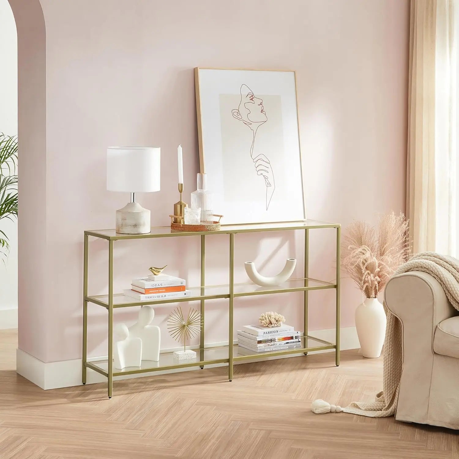 Konsolentisch Hartglas 3 Ablagen goldfarben von Songmics