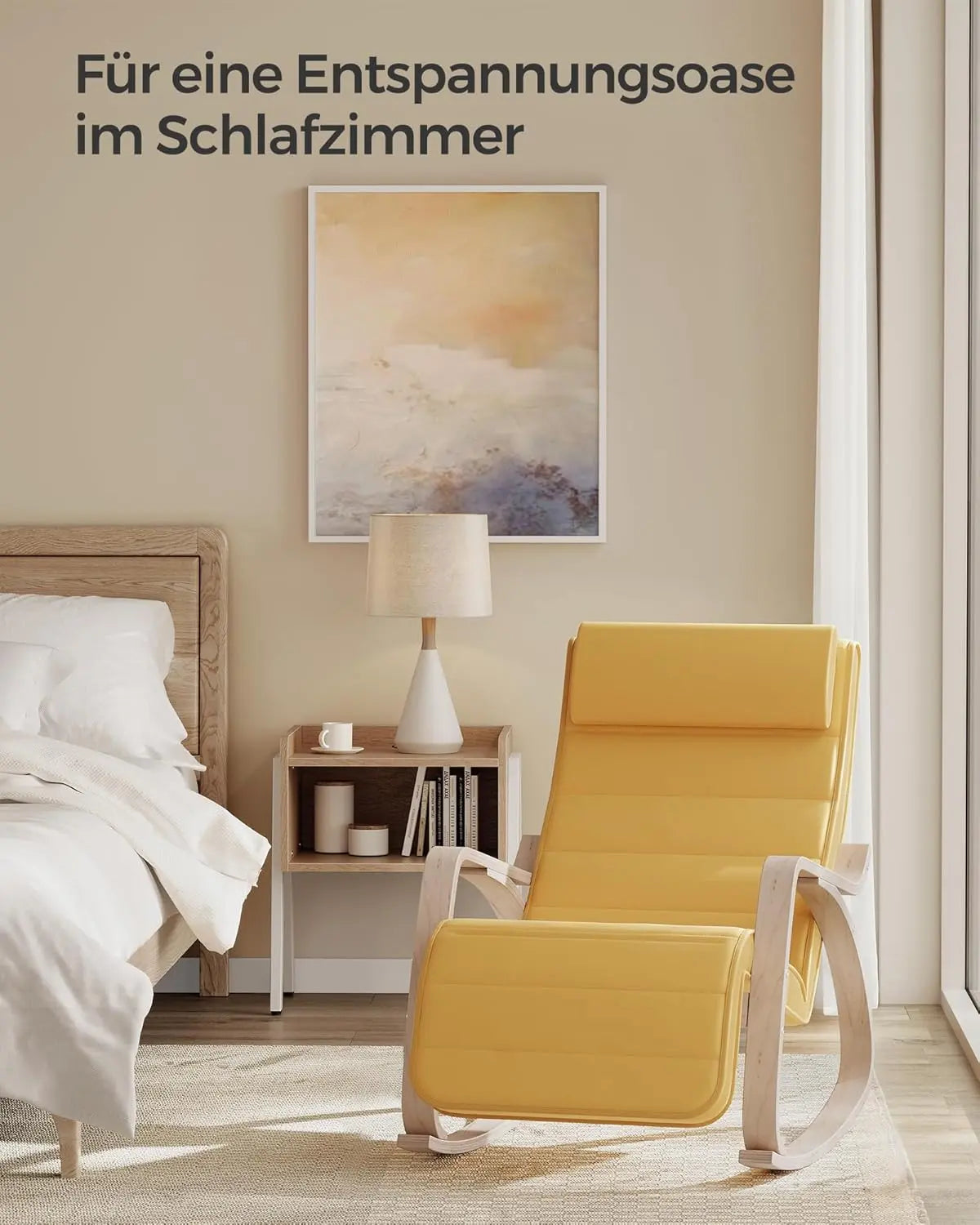 Schaukelstuhl Verstellbar Birkenholz Armlehnen Pastellgelb von Songmics