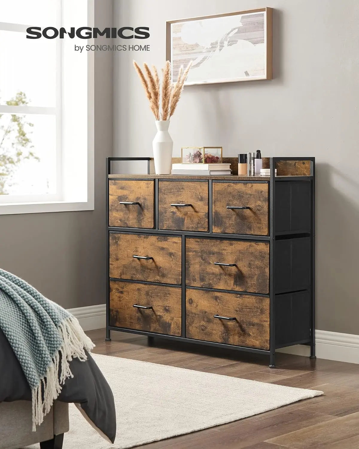 Kommode Stoffschubladen Metallgestell Vintagebraun Schwarz von Songmics