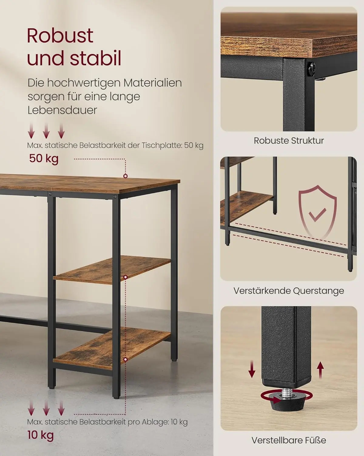 Schreibtisch 140cm Ablagen vintagebraun Holz von Songmics