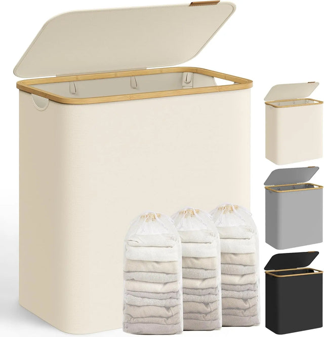 Wäschekorb mit Deckel 3 Fächer Cremeweiss von Songmics