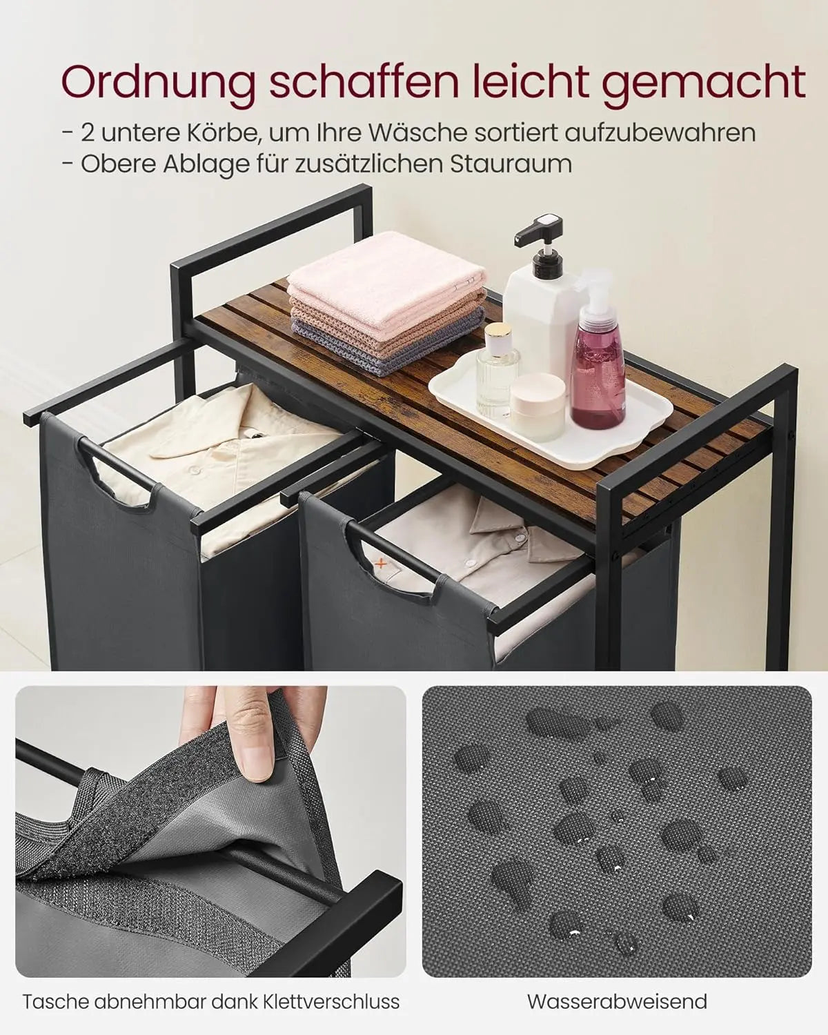 Wäschekorb mit 2 Fächern und Ablage, schiefergrau-vintagebraun von Songmics