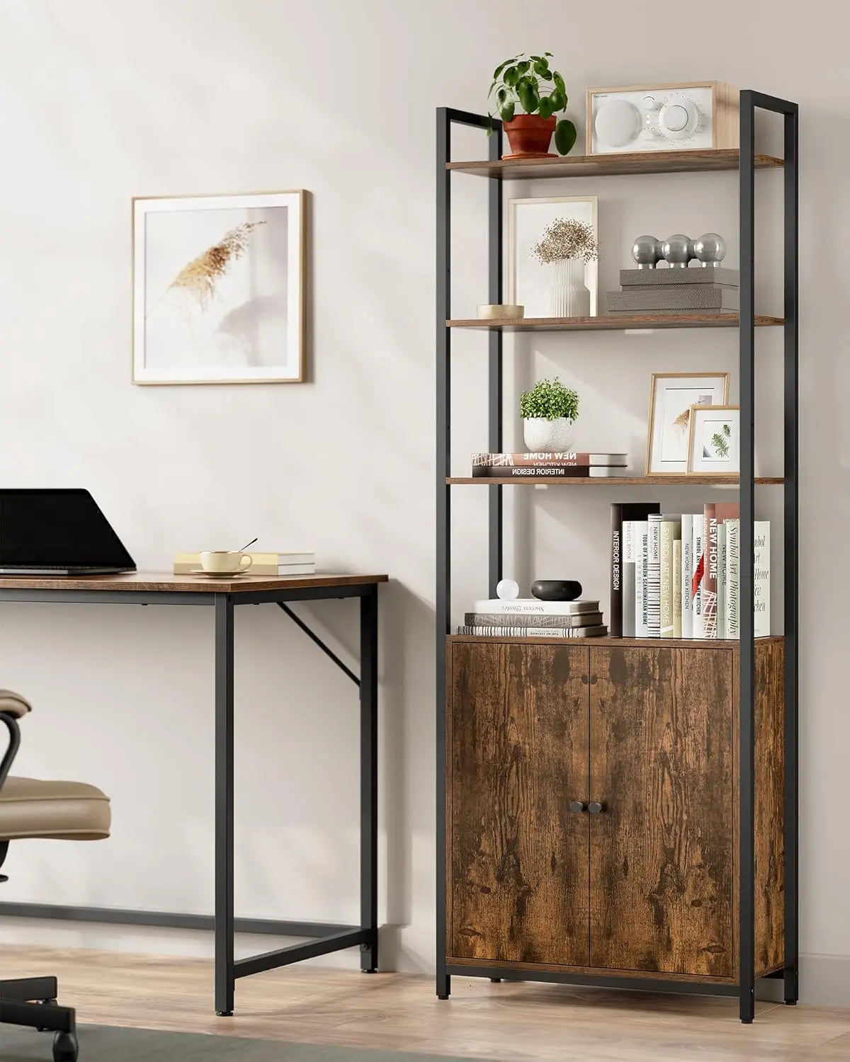 Bücherregal Standregal Metallrahmen Verstellbar Vintagebraun von Songmics