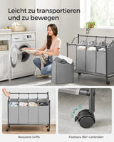 Wäschekorb mit Rollen und 4 Stofftaschen Grau von Songmics