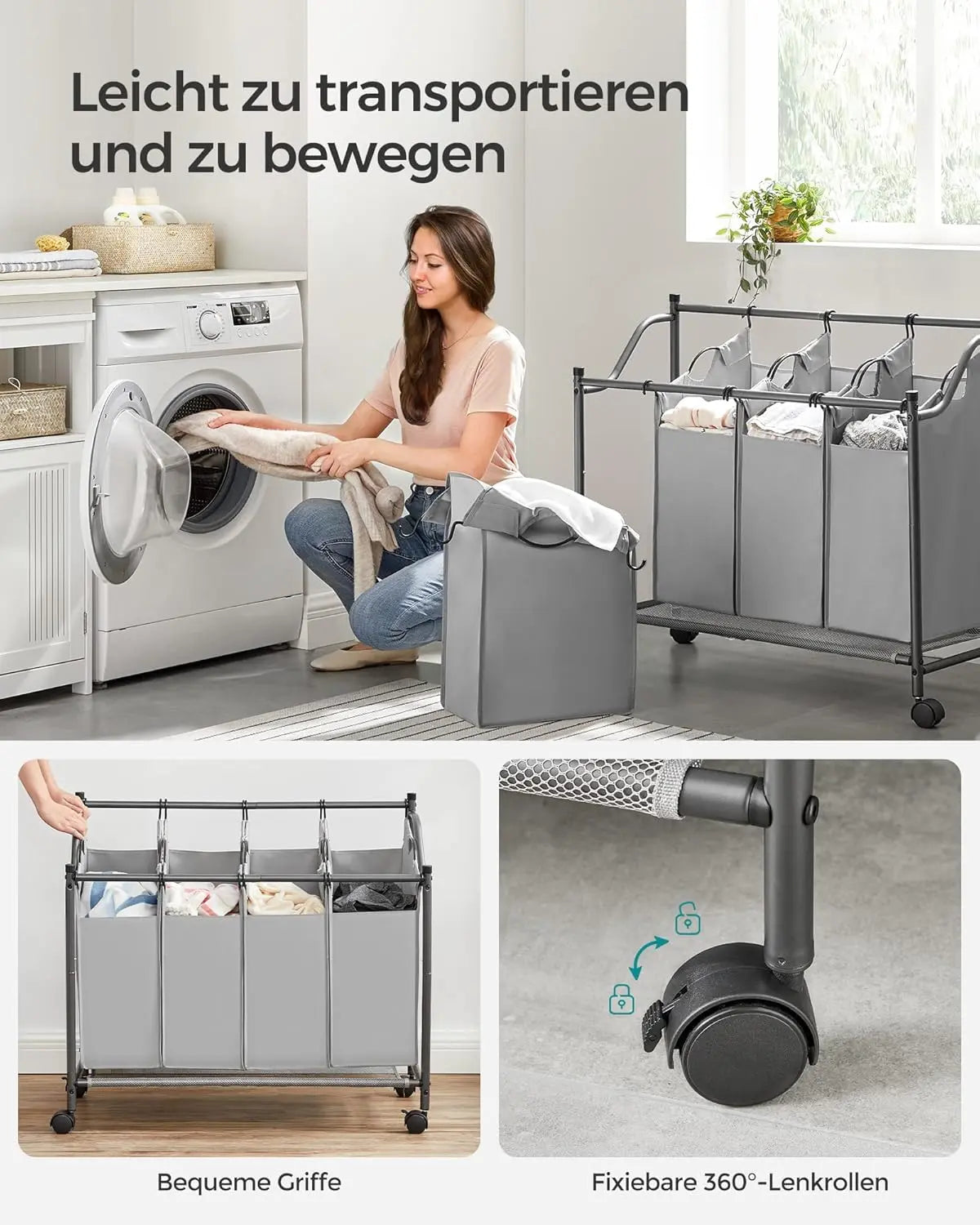 Wäschekorb mit Rollen und 4 Stofftaschen Grau von Songmics