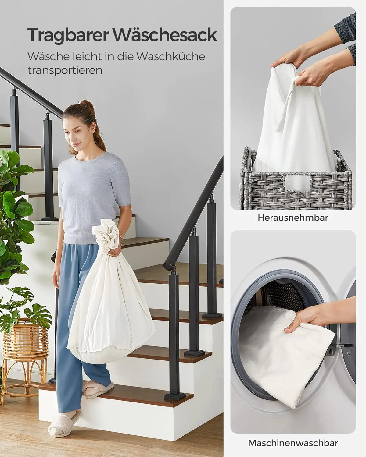 Wäschekorb Rattan-Optik 3 Fächer Grau von Songmics
