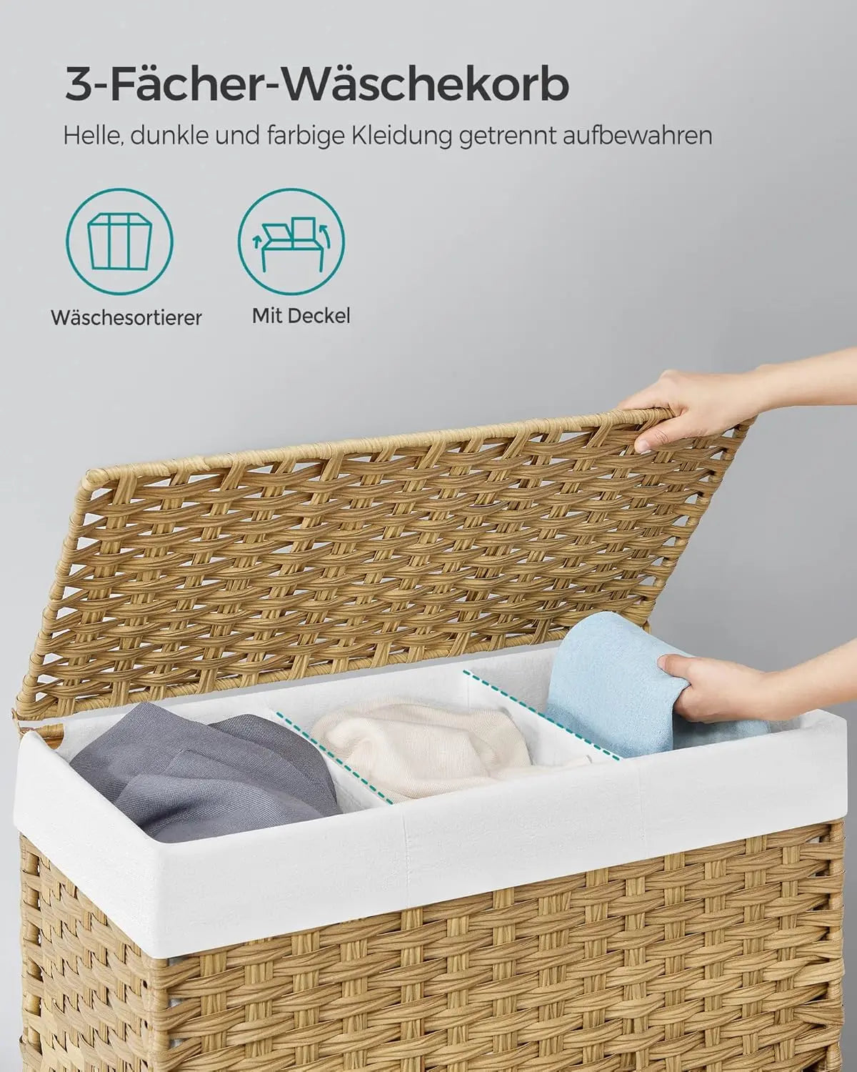 Wäschekorb Rattan-Optik 3 Fächer Naturfarben von Songmics