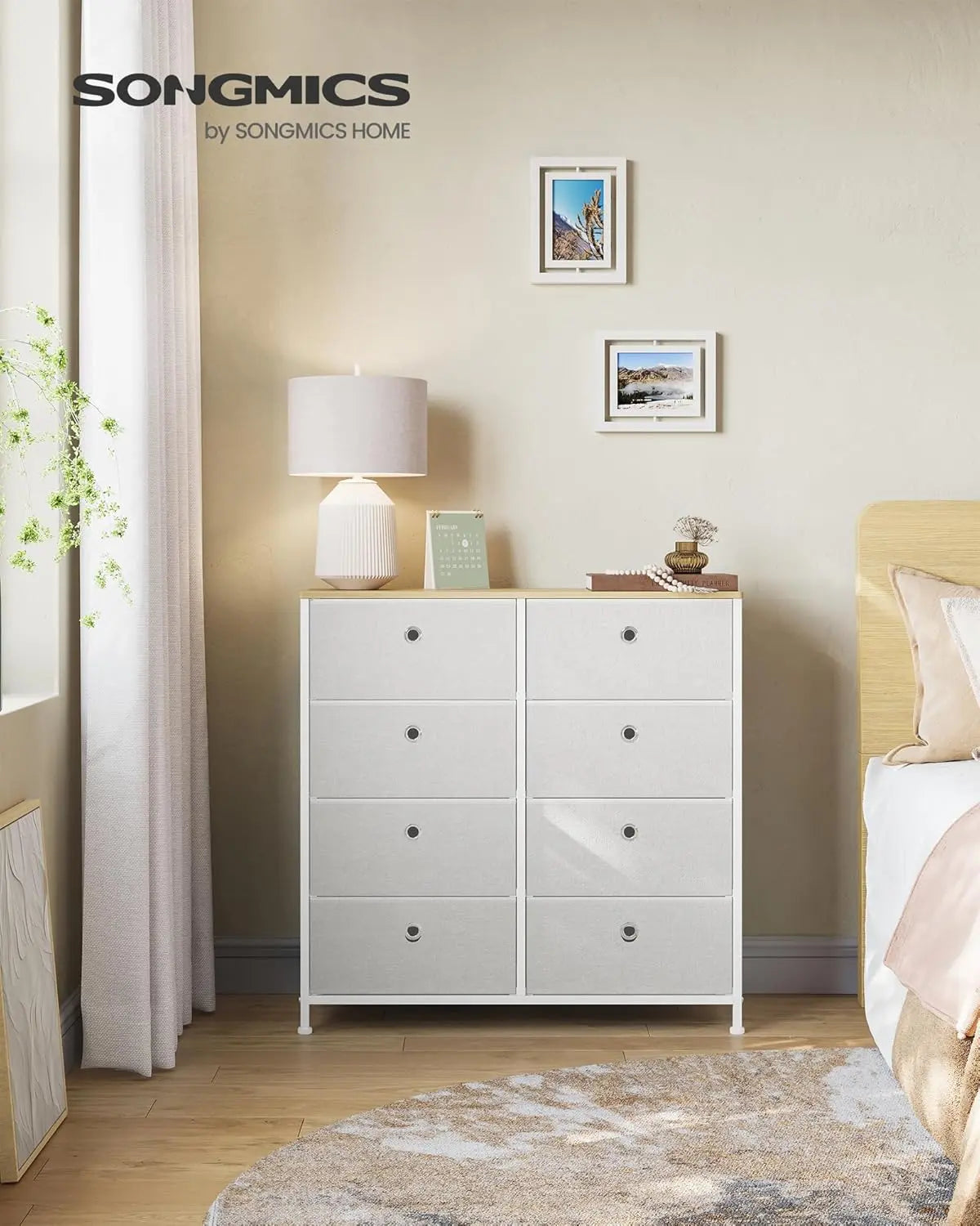 Kommode 8 Schubladen Stoff Creme Eiche von Songmics