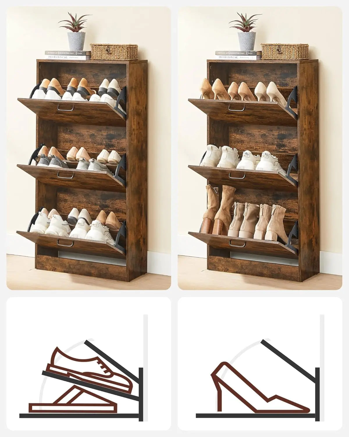Schuhschrank 3 Türen schmal rustikal Holz von Songmics