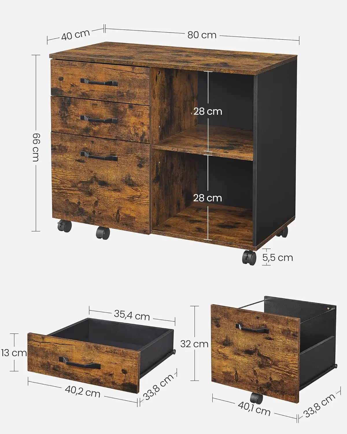 Rollcontainer Aktenschrank mit Schubladen Vintagebraun-Schwarz von Songmics
